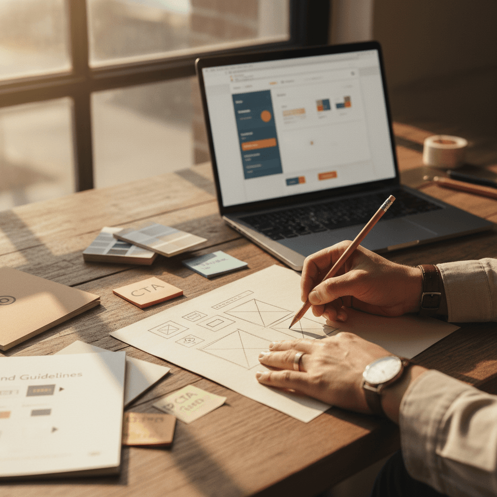 Designer sketching custom landing page layouts