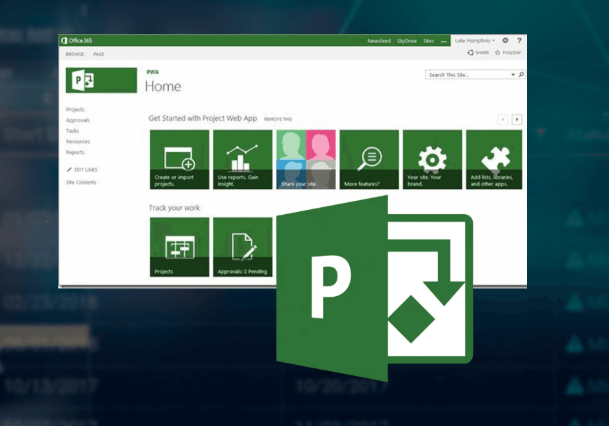 Microsoft Project Web App home screen with green tiles and a large Project logo.